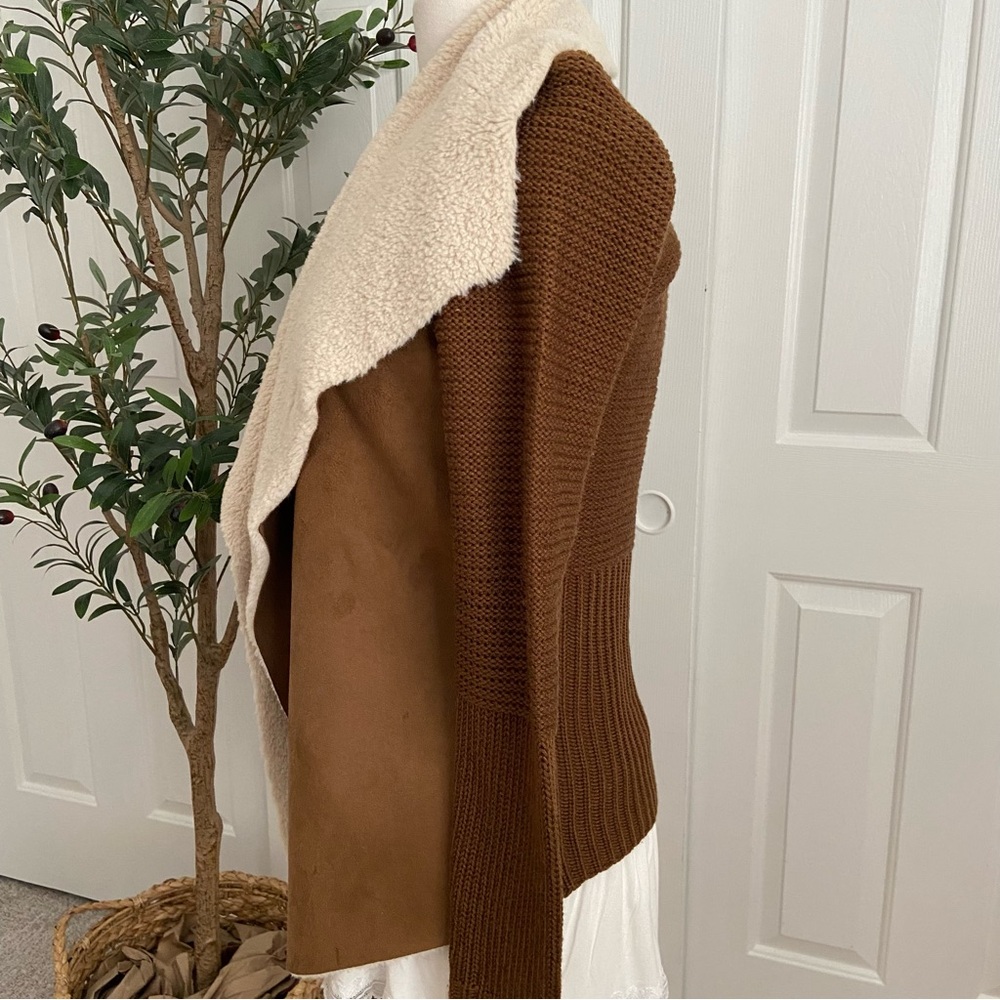 Chocolate Suede Sweater Cardigan Jacket Vegan Shearling Open - Picture 9 of 16